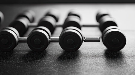 Rubber dumbbells arranged on a gym floor, with ample space for copy about strength and fitness.の素材