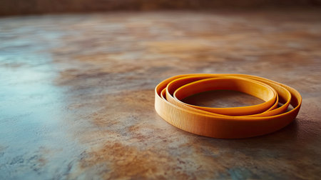 Yoga rubber band on a smooth floor, with space for text about toning and flexibility.の素材