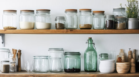 Reusable glass containers stacked on a pantry shelf, with ample space for copy.の素材