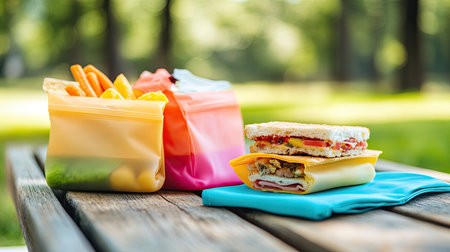 Reusable silicone sandwich bags filled with snacks, placed on a picnic table, with space for text.の素材