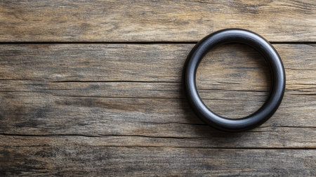 Pilates ring placed on a wooden surface, with space for text promoting Pilates and body sculpting.の素材