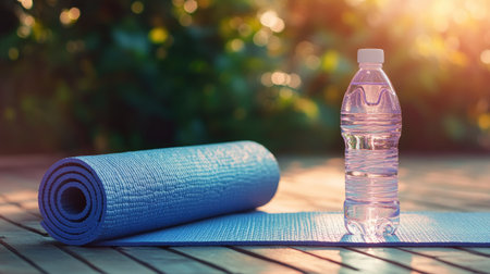 Yoga mat rolled up beside a water bottle, with room for copy about yoga practice and fitness.の素材