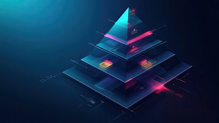 3D cost structure pyramid with arrows and sections, top view, ample copy space.の素材