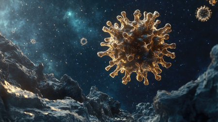 3D virus structure floating in space, with ample copy space.の素材