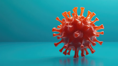 3D virus model floating on a blue background with copy space, scientific concept, no people.の素材