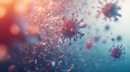 3D virus particles in motion on a neutral surface, copy space on the side.の素材