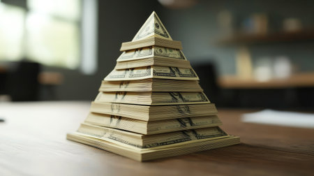 3D business cost pyramid model, displaying expenses visually with open copy space.の素材