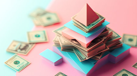 3D cost structure pyramid with arrows and sections, top view, ample copy space.の素材