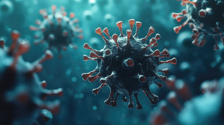 3D virus illustration with spikes on a blue surface, copy space provided.の素材
