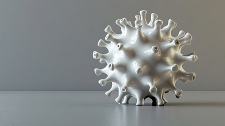 3D virus model floating in space, isolated on a grey surface with ample copy space.の素材