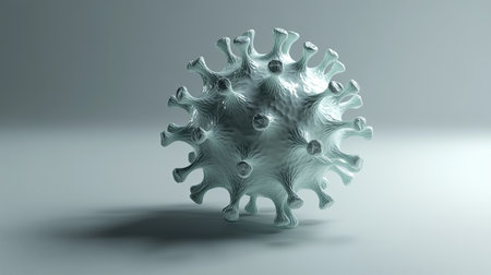 3D virus model floating in space, isolated on a grey surface with ample copy space.の素材