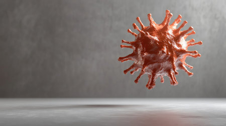 3D virus model floating in space, isolated on a grey surface with ample copy space.の素材