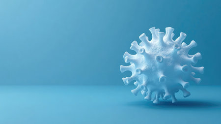 3D virus model floating on a blue background with copy space, scientific concept, no people.の素材