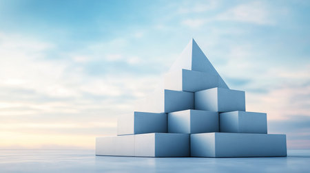 3D pyramid structure representing business costs, with blocks labeled, copy space available.の素材