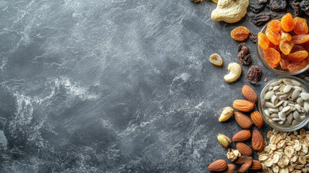 A flat lay of dried tropical fruits, nuts, and seeds on a slate background, top view, copy space.の素材