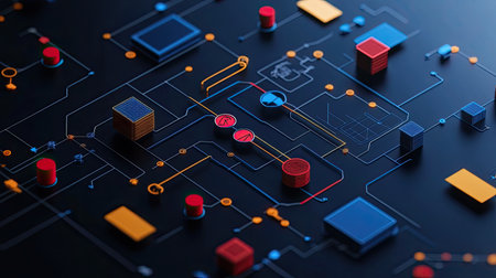 Abstract 3D flowchart of business cost structure, top view, copy space.の素材