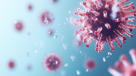 Abstract virus particles floating on a clean surface, copy space surrounding.の素材