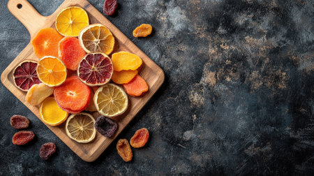 Assorted dried fruit slices on a wooden cutting board, top view, copy space surrounding.の素材