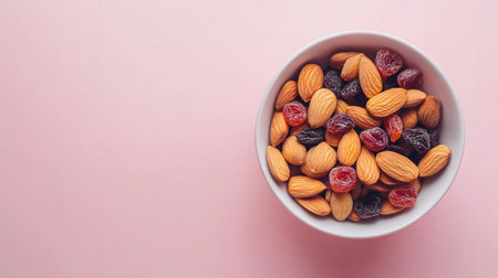 A bowl of dried fruits and almonds on a pastel background, top view, plenty of copy space.の素材