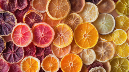 A variety of dried fruit slices arranged in a pattern, top view, with open space for text.の素材