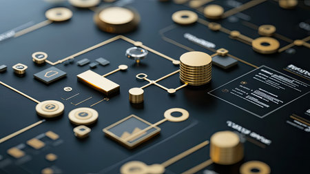 Abstract 3D flowchart of business cost structure, top view, copy space.の素材