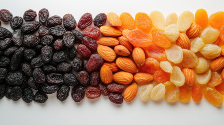 Assorted dried fruits and almonds in a line, top view on a light surface, copy space available.の素材