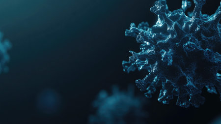 Abstract virus structure in a 3D model, floating on a dark surface, copy space.の素材