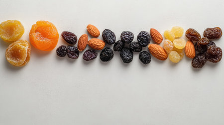 Assorted dried fruits and almonds in a line, top view on a light surface, copy space available.の素材