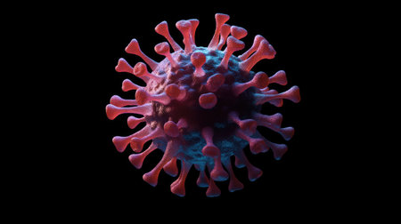 Abstract virus structure in a 3D model, floating on a dark surface, copy space.の素材