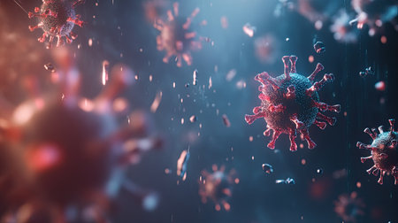 Abstract virus particles floating on a clean surface, copy space surrounding.の素材