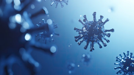 Abstract virus in a floating 3D style on a blue background, with open copy space.の素材