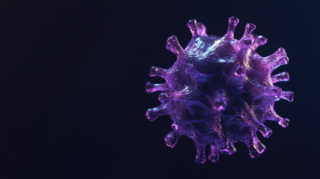 Abstract virus structure in a 3D model, floating on a dark surface, copy space.の素材