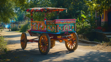 A traditional Indian bullock cart, painted in bright colors, parked by a village roadside.の素材