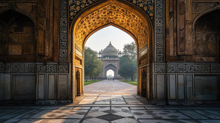 A grand archway of an Indian monument, adorned with floral and geometric patterns in stone.の素材