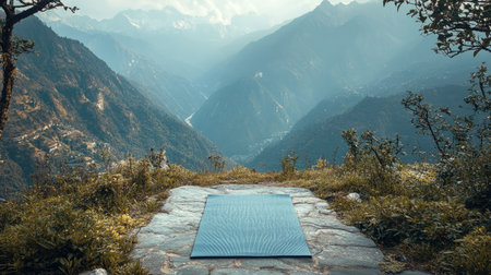 A peaceful yoga mat laid out on a hilltop in the Himalayas, overlooking a panoramic mountain view.の素材