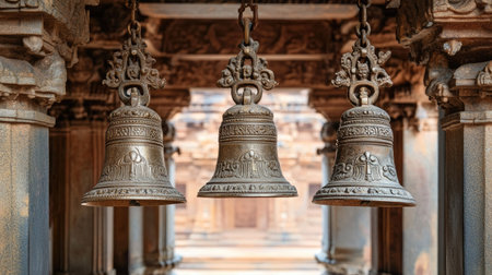 A set of traditional Indian brass bells hanging from a temple entrance, with intricate carvings on the walls.の素材