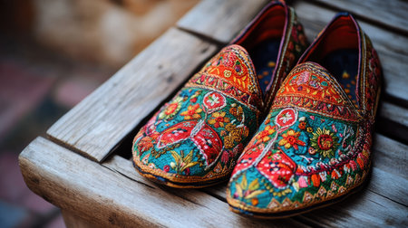 A set of traditional Indian jutti shoes, with intricate embroidery, placed on a wooden surface.の素材