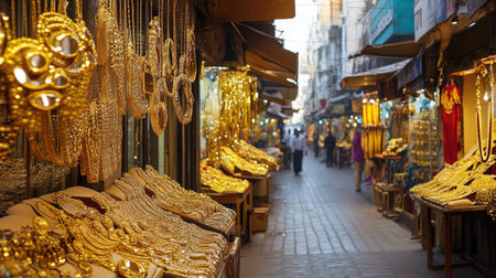 A street in Mumb Zaveri Bazaar, lined with shops displaying glittering gold jewelry.の素材