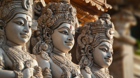 A close-up of the intricately carved stone guardians at the entrance of an Indian temple.の素材
