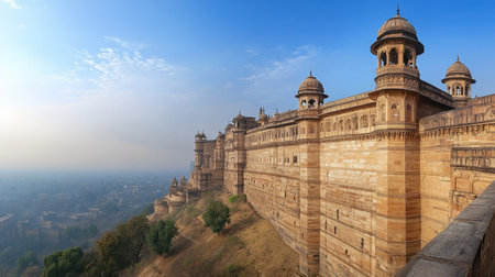 A panoramic view of the Gwalior Fort, with its grand architecture and intricate stone work.の素材