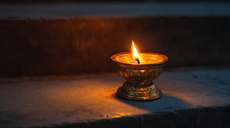 A traditional brass oil lamp (deepam) lit and placed on a temple step, casting a warm glow.の素材