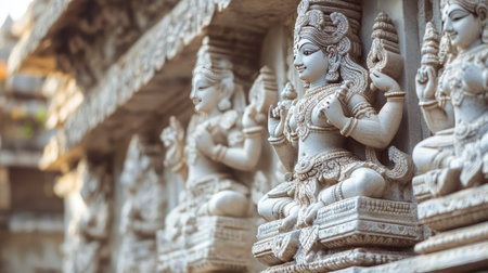 A detailed view of the carved stone panels depicting dancers and musicians on an Indian temple.の素材