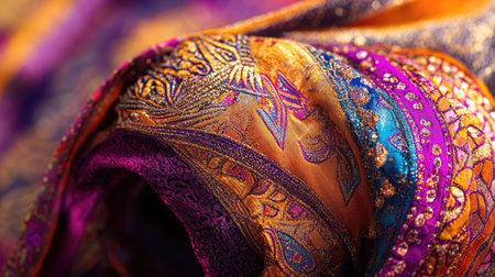 A close-up of a traditional Indian turban (pagdi) made of silk, with intricate patterns and vibrant colors.の素材