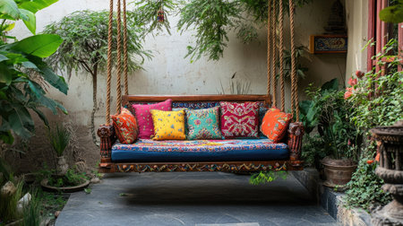 A traditional Indian jhula (swing) with colorful cushions and embroidery, placed in a courtyard.の素材