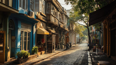 A quiet corner of the Colaba Causeway, lined with shops and colonial-era buildings.の素材