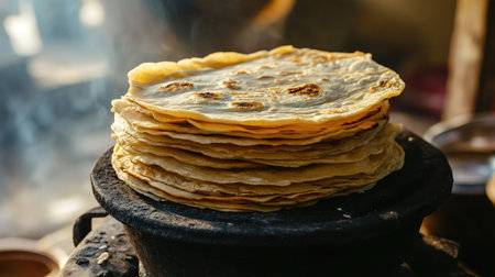A stack of freshly made rotis on a traditional Indian clay stove (tandoor), with golden brown edges.の素材