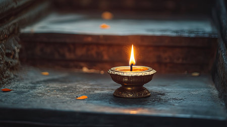 A traditional brass oil lamp (deepam) lit and placed on a temple step, casting a warm glow.の素材