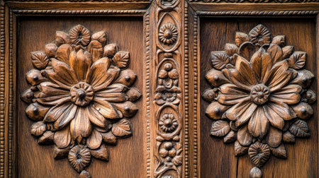 Close-up of the detailed carvings on a traditional Indian wooden door, showcasing floral and geometric motifs.の素材