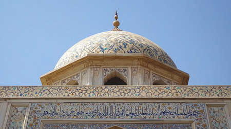 The domed roof of a Mughal-era mosque, with intricate tile work and calligraphy inlaid in stone.の素材