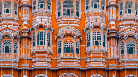 The grand facade of the Hawa Mahal in Jaipur, with its intricate jharokhas and lattice work.の素材